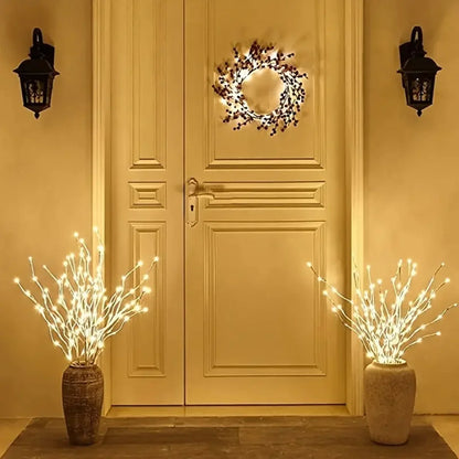 Close-up of white birch LED branch light for festive and wedding decoration