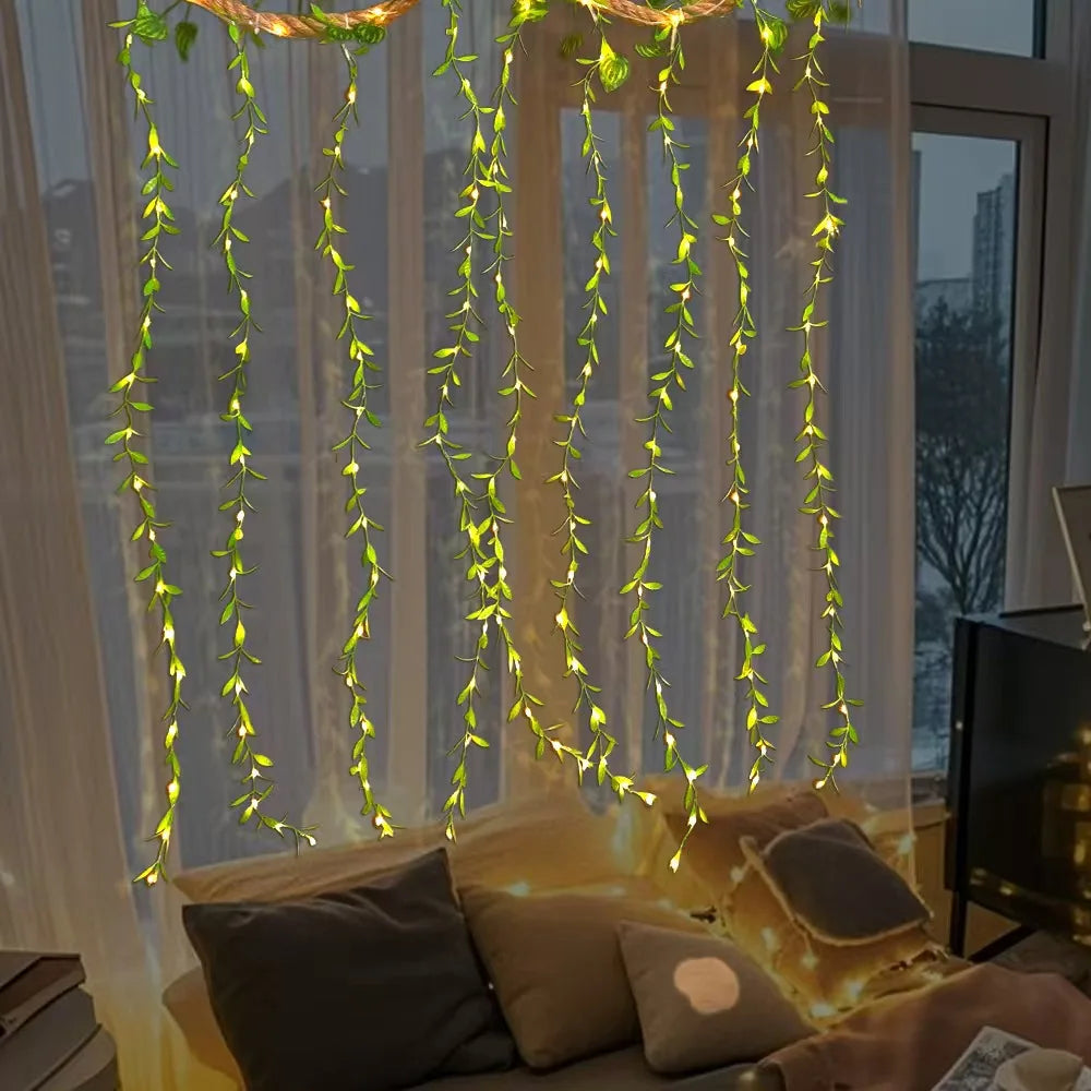 LED fairy lights with willow leaves decor, 3x3 window curtain festoon, USB powered Christmas garland for New Year holiday lighting