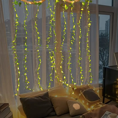 LED fairy lights with willow leaves decor, 3x3 window curtain festoon, USB powered Christmas garland for New Year holiday lighting