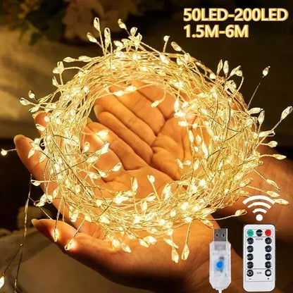 3M LED firecracker string lights, USB powered, remote controlled for festive indoor and outdoor decoration
