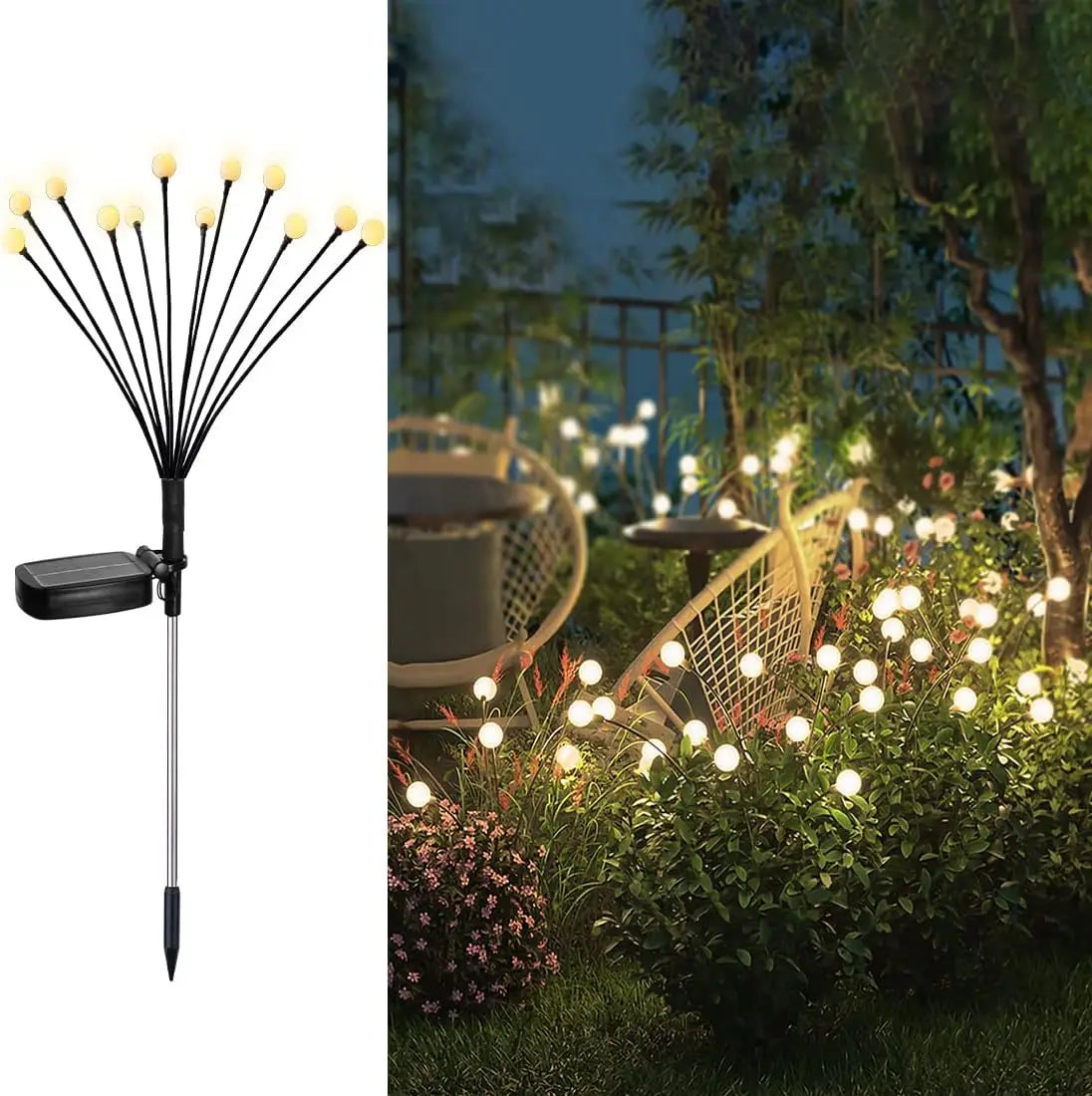 Close-up of solar LED firefly garden lights, perfect for outdoor landscape, wedding, and Christmas decoration
