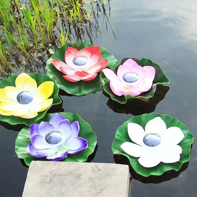 Close-up of solar powered LED floating lotus night lamp for ponds and garden water decoration