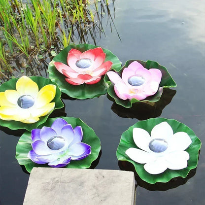 Close-up of solar powered LED floating lotus night lamp for ponds and garden water decoration