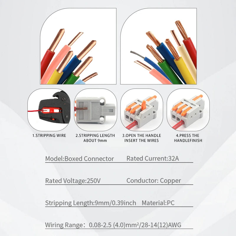 Close-up of push-in electrical lever terminal block structure for quick wiring