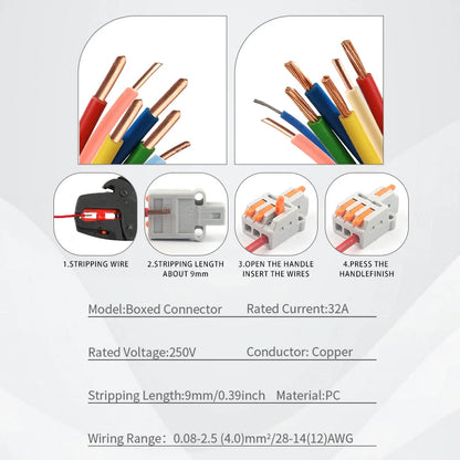 Close-up of push-in electrical lever terminal block structure for quick wiring