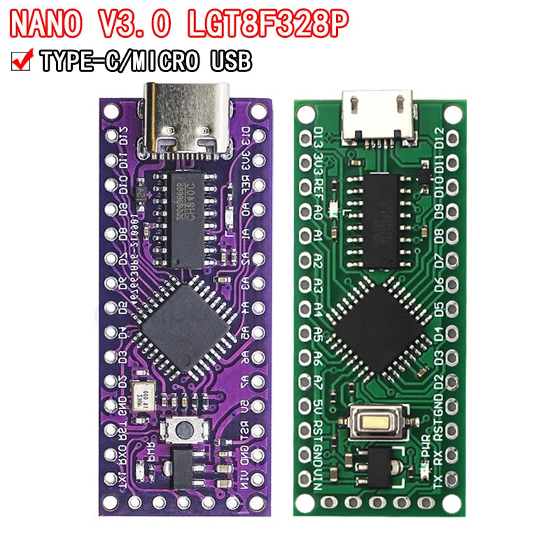 LGT8F328P MiniEVB development board with Type-C/Micro USB, compatible with Arduino Nano V3.0, includes CH9340C and HT42B534-1 SOP16, ideal for DIY electronics projects