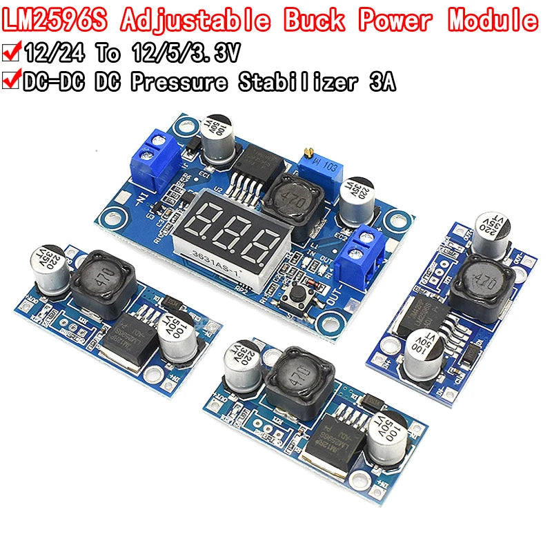 LM2596S DC-DC adjustable step-down power supply module, 3A output, converts 12V/24V input to 12V, 5V, or 3.3V, ideal for Arduino, Raspberry Pi, and DIY electronics