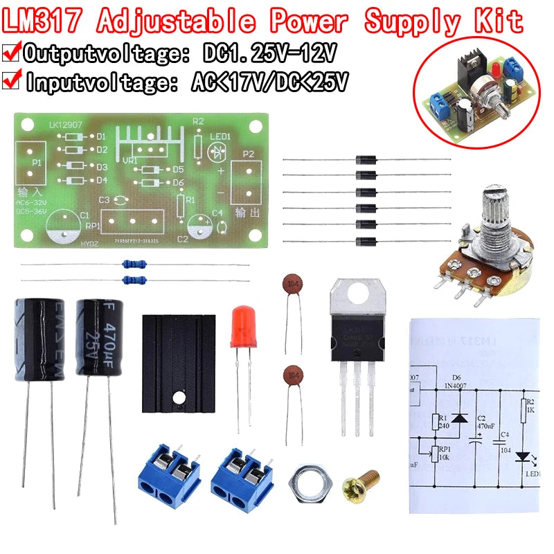 LM317 adjustable DC power supply kit for DIY electronics, teaching, and training projects, providing continuous voltage adjustment