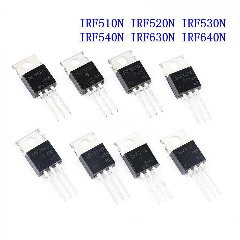 LM317T and IRF series TO-220 transistors including IRF3205, IRF510N, IRF520N, IRF530N, IRF540N, IRF640N, IRF740, IRF840, IRL520, IRL530, IRL540, ideal for power electronics, switching, and DIY circuits