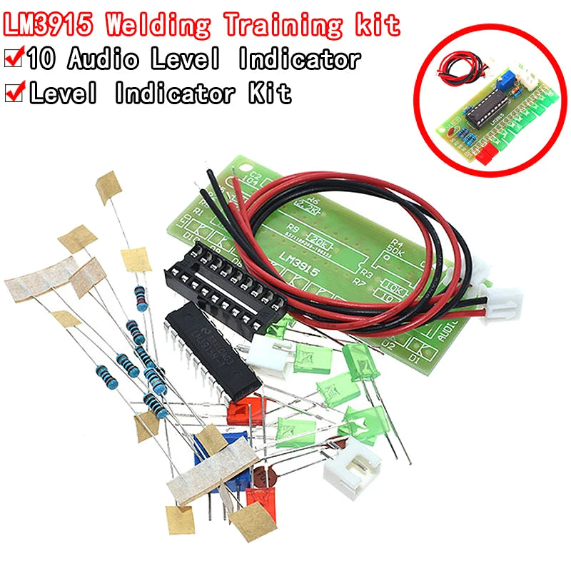 LM3915 10 LED audio spectrum analyzer level indicator kit 9V-12V for DIY electronics, soldering practice, and laboratory projects