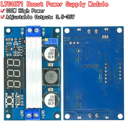LTC1871 DC-DC boost converter module, 3–35V input to 3.5–35V output, regulated power supply with built-in voltmeter for electronics projects