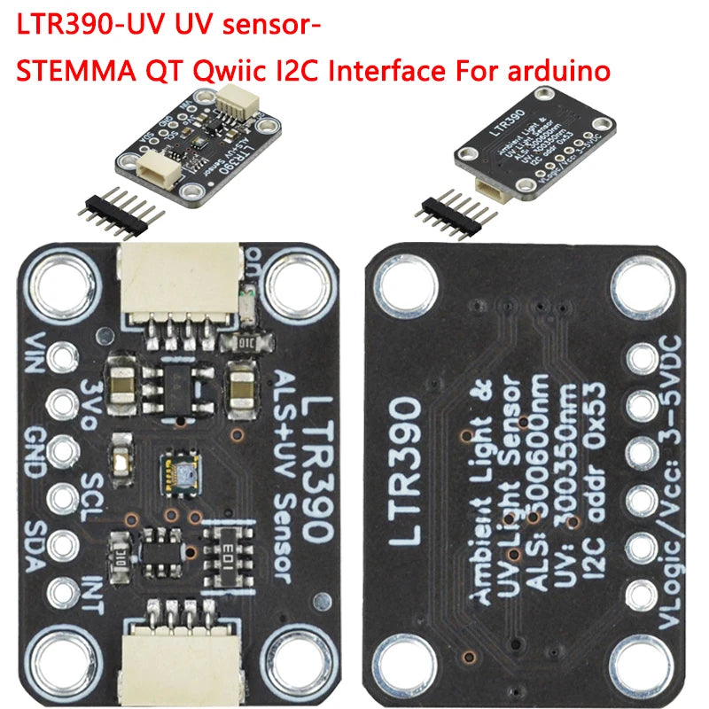 LTR390 UV light sensor module supporting I2C and UART for 280nm to 430nm intensity detection and weather monitoring projects