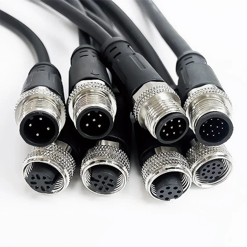 Close-up of M12 waterproof sensor cable, male & female connector, integrated injection molded design for industrial use