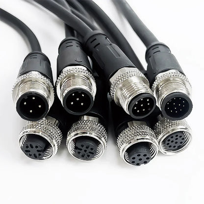 Close-up of M12 waterproof sensor cable, male & female connector, integrated injection molded design for industrial use