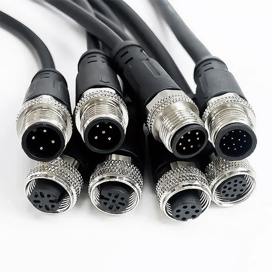 Close-up of M12 waterproof sensor cable, male & female connector, integrated injection molded design for industrial use