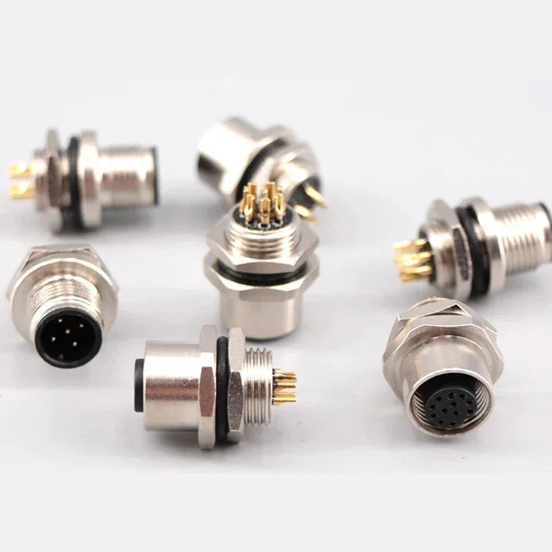 M12 4Pin 5 8Pin sensor connector showing waterproof flange socket, threaded coupling and male female connections