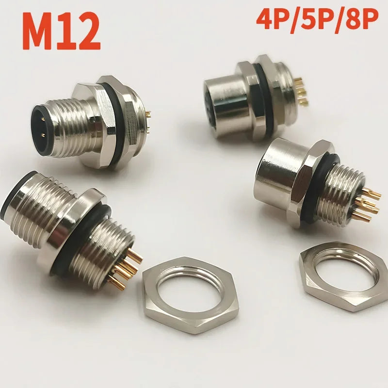 M12 sensor connector 4Pin 5 8Pin panel back mount waterproof flange socket with threaded coupling, male and female, A code connectors