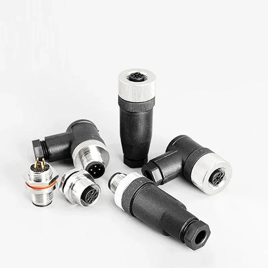 M12 sensor connector with 4, 5, and 8 pin options, waterproof screw threaded plug