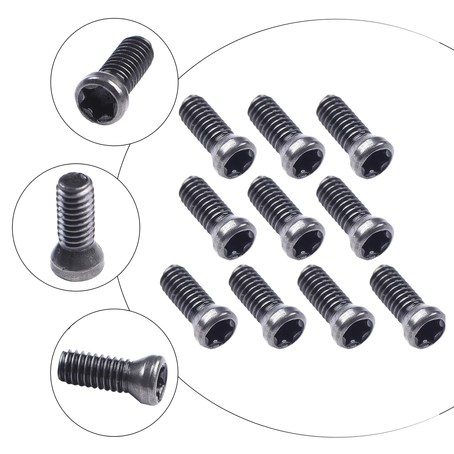 Close-up of M2.5 x 7mm and M2.5 x 6mm Torx screws for CNC lathe carbide insert tools