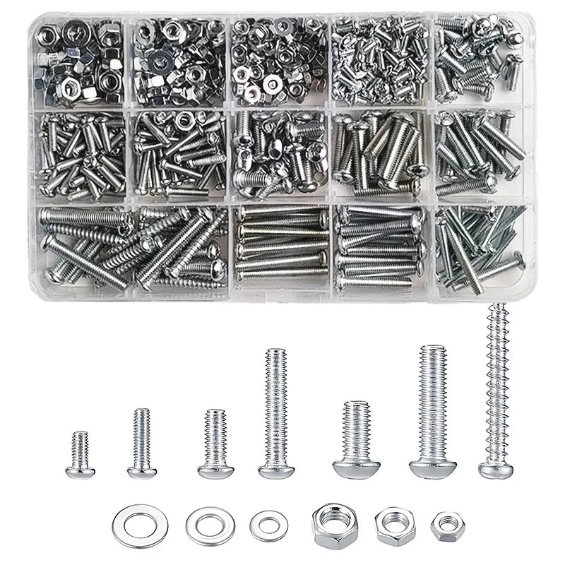 M3-M6 Phillips pan head self-tapping screw assortment kit with nuts and washers, stainless steel fastener set for DIY and machinery