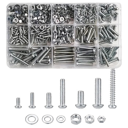 M3-M6 Phillips pan head self-tapping screw assortment kit with nuts and washers, stainless steel fastener set for DIY and machinery