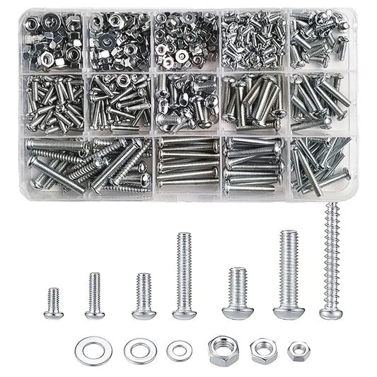 M3-M6 Phillips pan head self-tapping screw assortment kit with nuts and washers, stainless steel fastener set for DIY and machinery