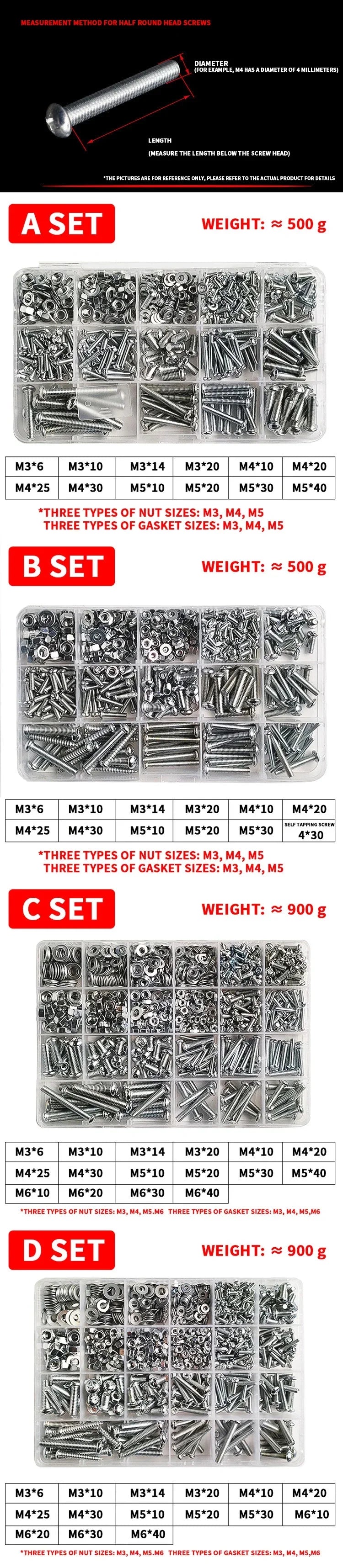 Series of M3-M6 Phillips pan head self-tapping screws with nuts and washers stainless steel fastener kit for DIY and machinery