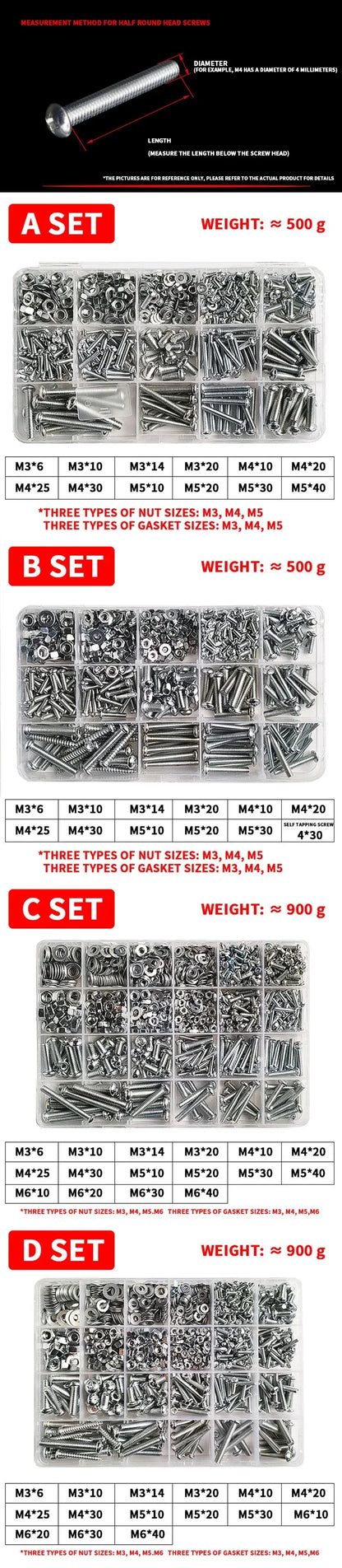 Series of M3-M6 Phillips pan head self-tapping screws with nuts and washers stainless steel fastener kit for DIY and machinery