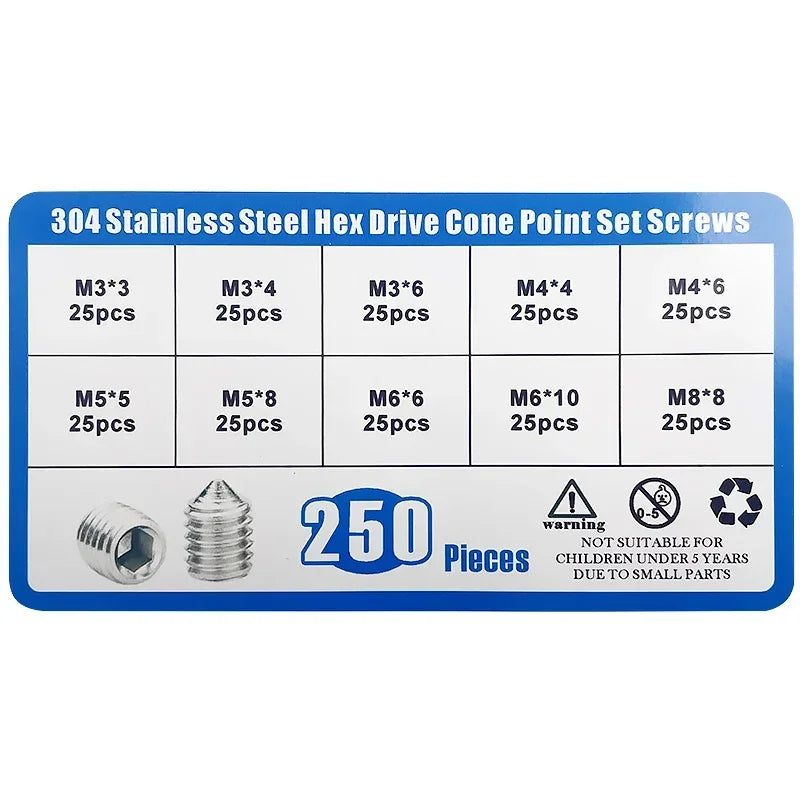 M3 M4 M5 M6 M8 stainless steel hex socket grub screws 250PCS assortment kit with plastic box