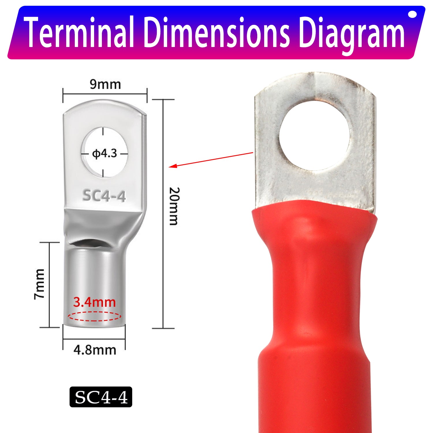 M4 copper ring terminal SC4-4 close-up showing solid copper lug and precise bolt hole size