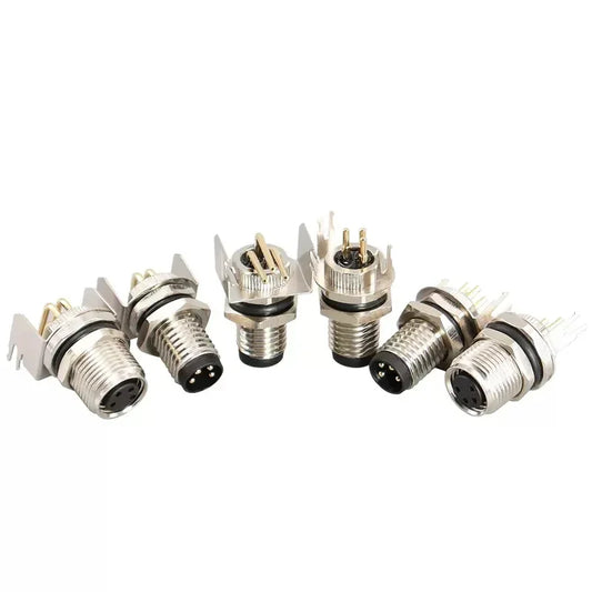 M8 aviation plug showing straight and curved pins with waterproof male and female socket for PCB sensor bonding