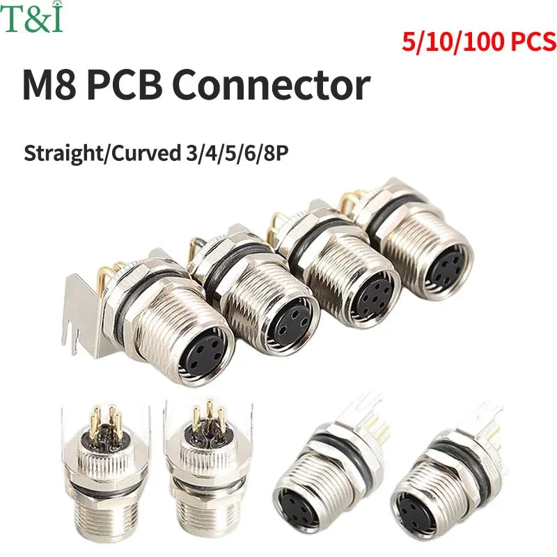M8 straight and curved pin aviation plug sensor PCB bonding plate male and female socket waterproof connector 3/4/5/6/8P