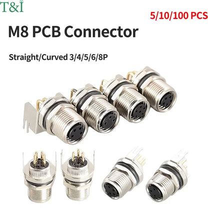 M8 straight and curved pin aviation plug sensor PCB bonding plate male and female socket waterproof connector 3/4/5/6/8P