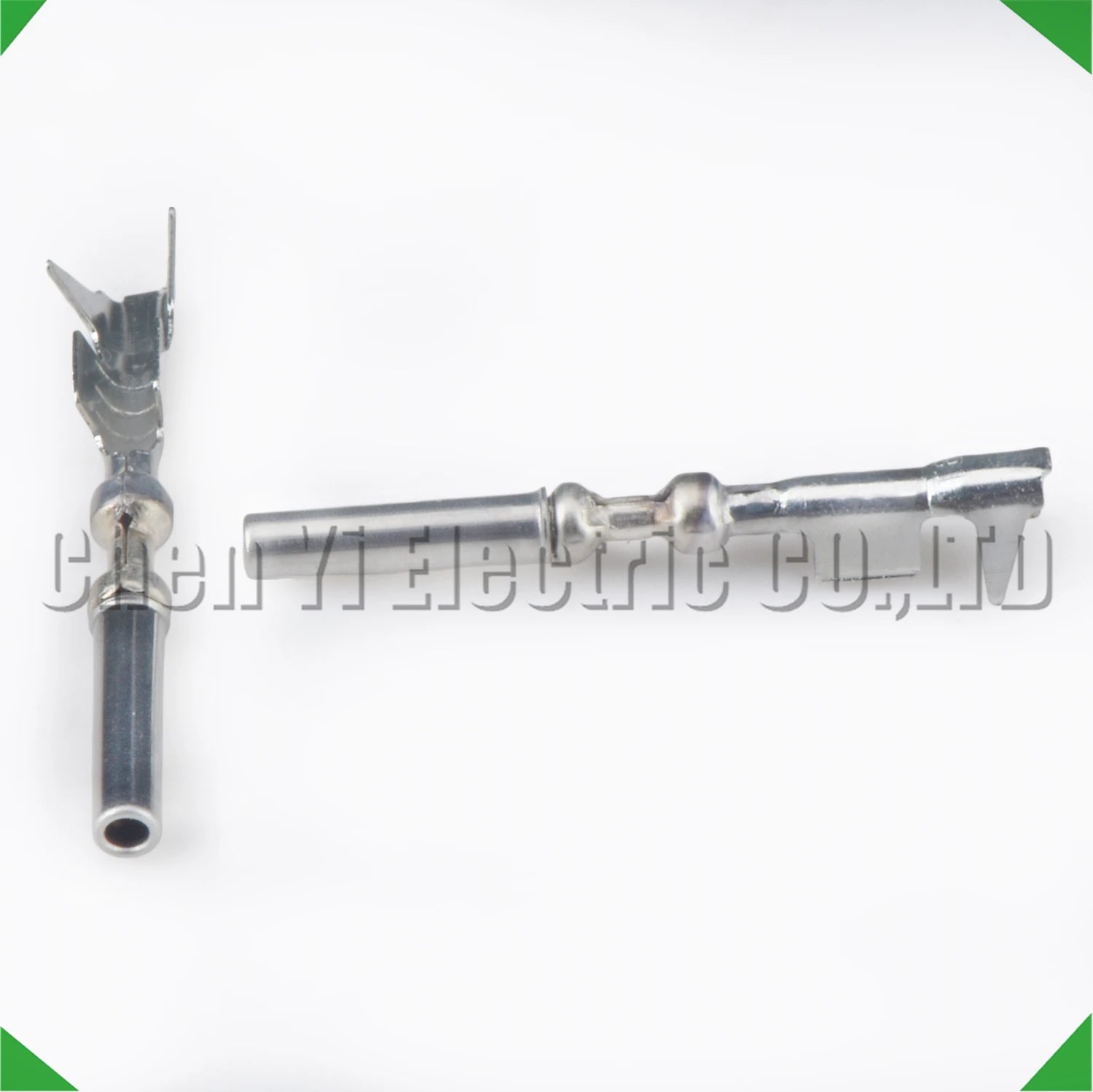 Male and female crimp terminal pins for automotive connectors and wire harness assemblies