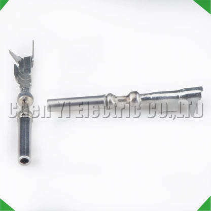 Male and female crimp terminal pins for automotive connectors and wire harness assemblies