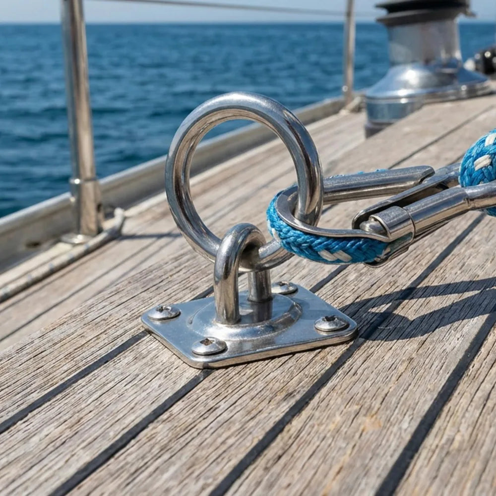 Stainless steel pad eye plate installed on boat deck for secure marine mounting