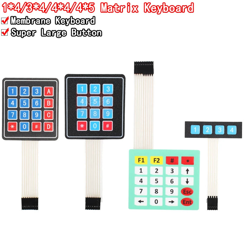 Matrix membrane switch keypad kit with 1x4, 3x4, 4x4, and 4x5 key arrays, ideal for Arduino DIY projects, control panels, and electronic experiments