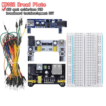 MB102 breadboard power module with 400-point solderless prototype board and flexible jumper wires, compatible with Arduino for DIY electronics projects