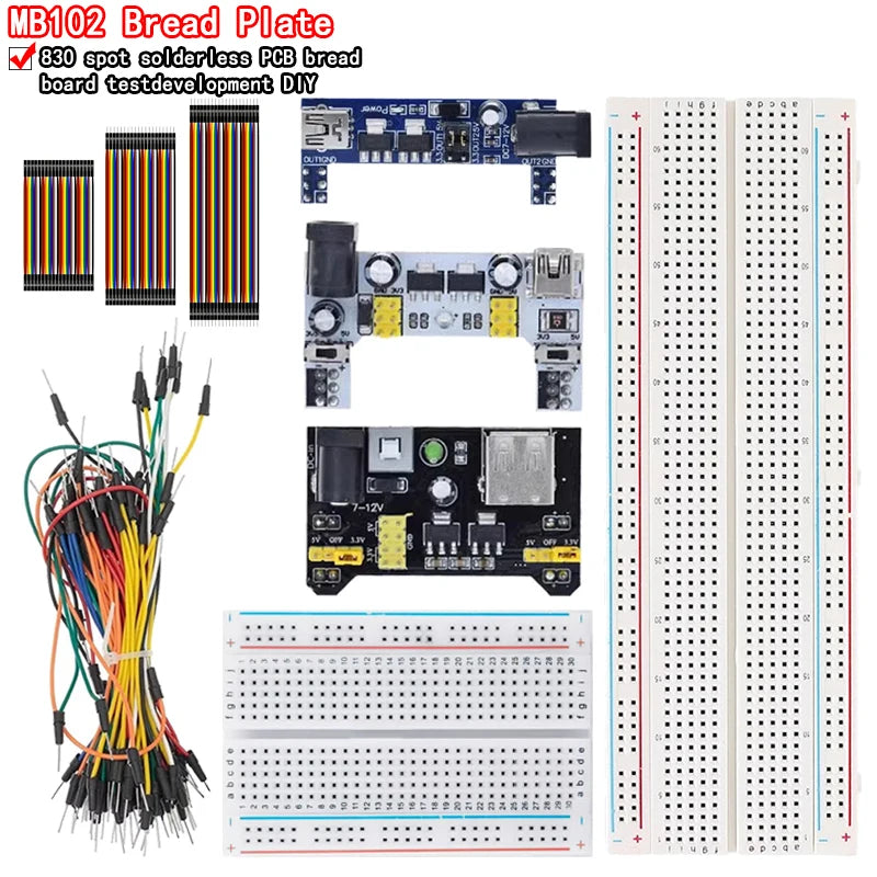 MB102 breadboard power module with 830-point prototype breadboard and jumper wires, ideal for Arduino and DIY electronics projects