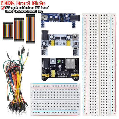 MB102 breadboard power module with 830-point prototype breadboard and jumper wires, ideal for Arduino and DIY electronics projects