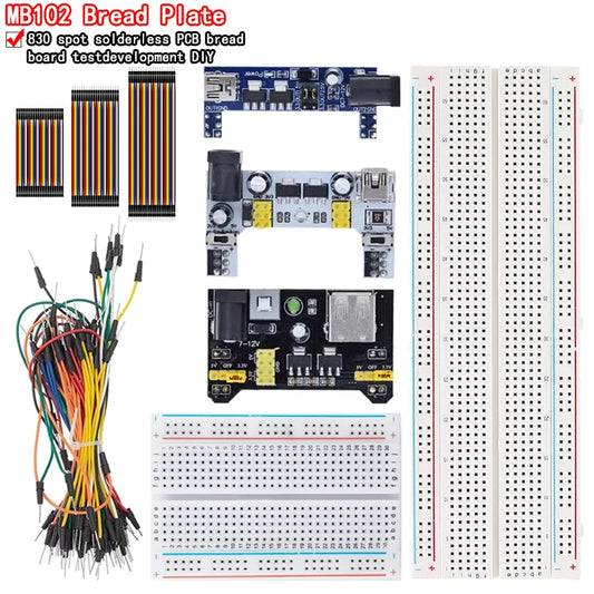 MB102 breadboard power module with 830-point prototype breadboard and jumper wires, ideal for Arduino and DIY electronics projects