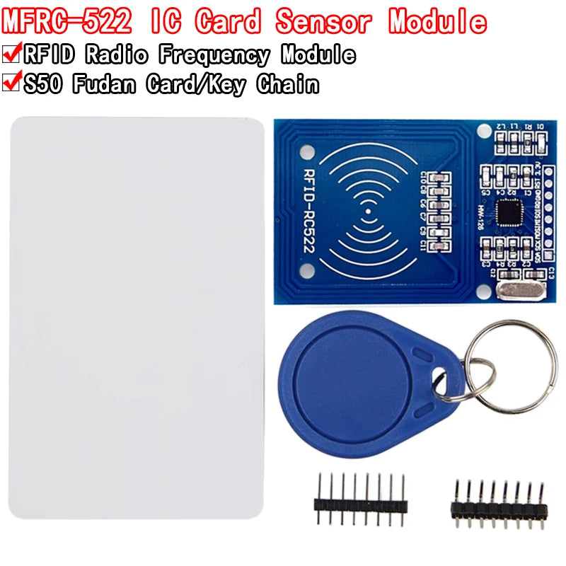 MFRC-522 RC522 RFID reader module compatible with S50 cards, keychain tags, and Raspberry Pi projects