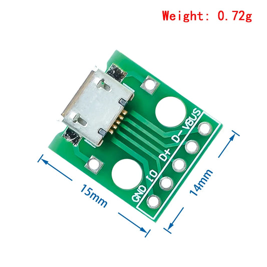 Micro USB to DIP adapter with 5-pin female B-type connector, 2.54mm PCB converter for electronic projects and DIY circuits
