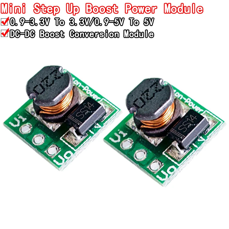 Mini DC-DC step-up boost converter module, 0.9–3.3V to 3.3V or 0.9–5V to 5V, 500mA, ideal for Arduino voltage conversion and DIY electronics projects