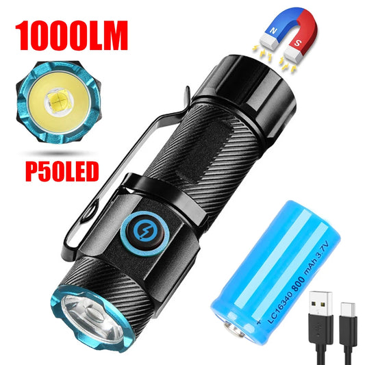 Ultra bright P50 LED flashlight USB C rechargeable