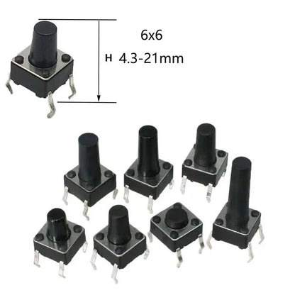 Miniature push button DIP 4-pin momentary light touch switch, size 6×6×4.3mm–21mm