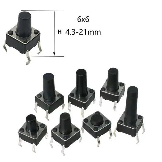 Miniature push button DIP 4-pin momentary light touch switch, size 6×6×4.3mm–21mm