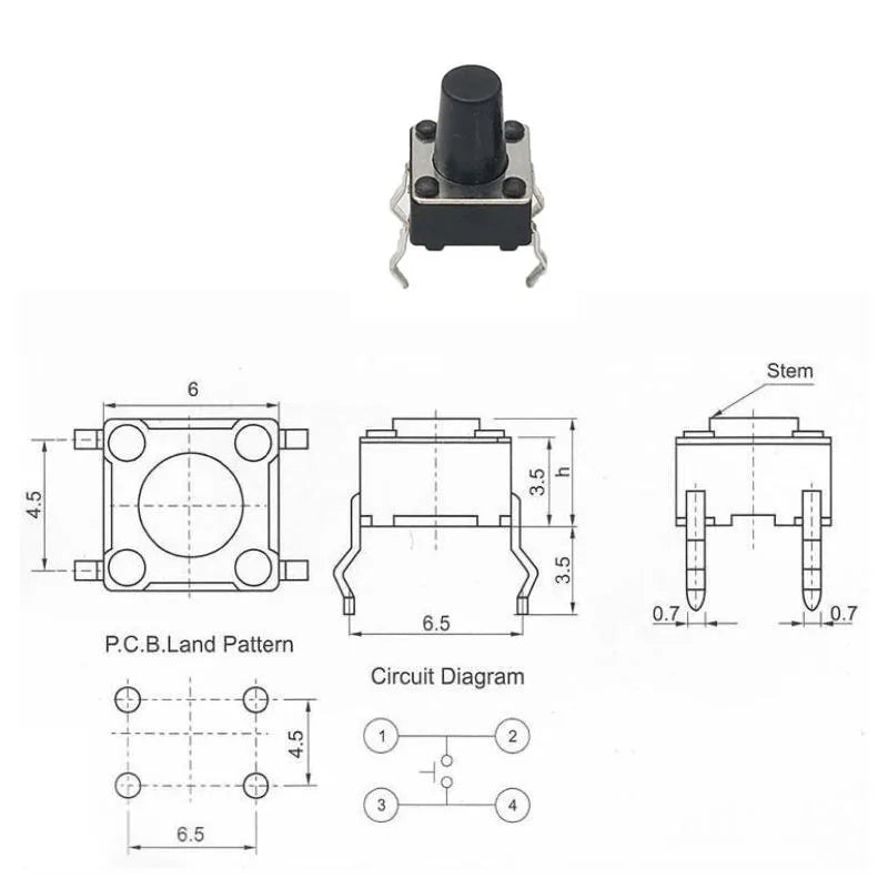 Miniature 6×6×4.3mm–21mm push button switch structure for DIP 4-pin light touch applications