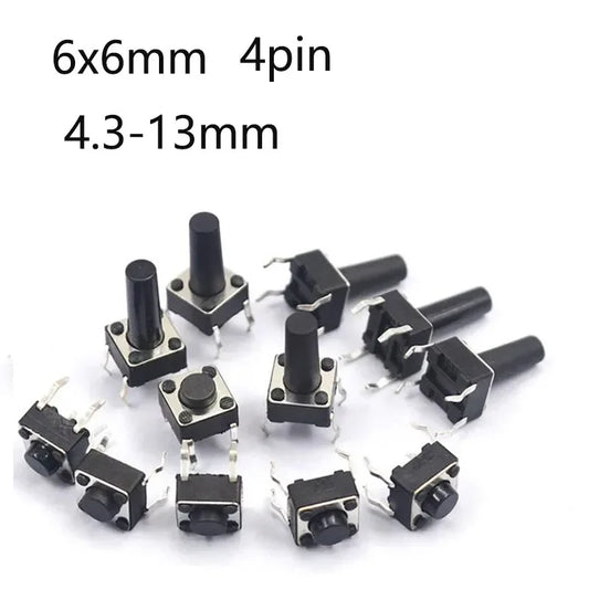 Miniature push button DIP 4-pin momentary tactile switch, size 6×6×4.3mm–13mm