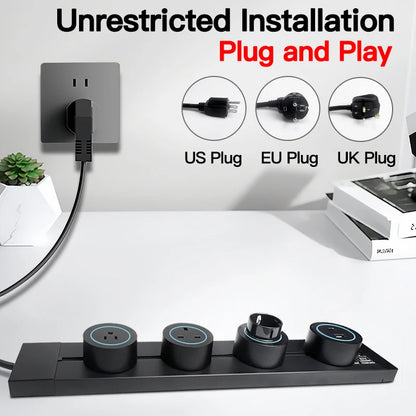 Close-up of wall mounted power track with USB Type-C, modular outlet strip for home and office use
